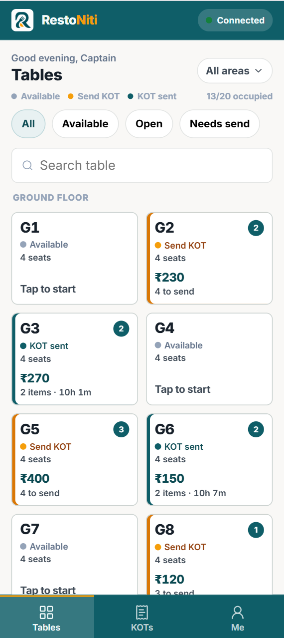 RestoNiti Captain on a waiter phone, connected over the local network, with tables marked Available, Send KOT, or KOT sent.